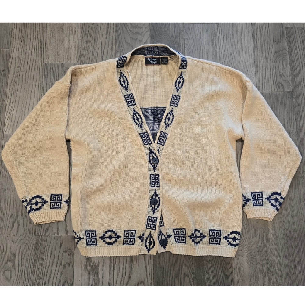 VTG Rainbow Ridge Aztec Pattern Beige Navy Men's Large Sweater Southwestern